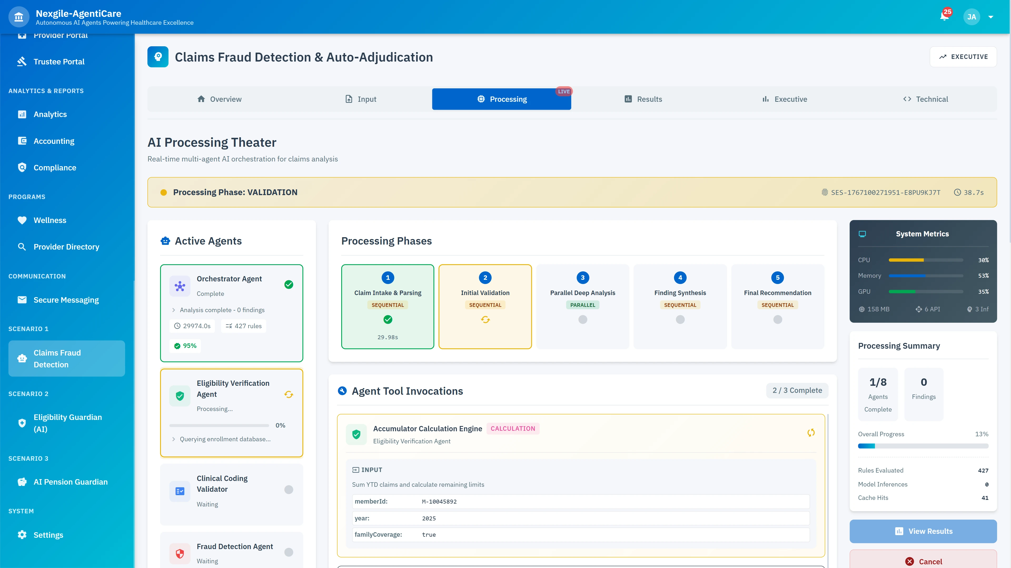 Real-time AI Processing Theater showing multi-agent orchestration with active agents, processing phases, system metrics, and tool invocations